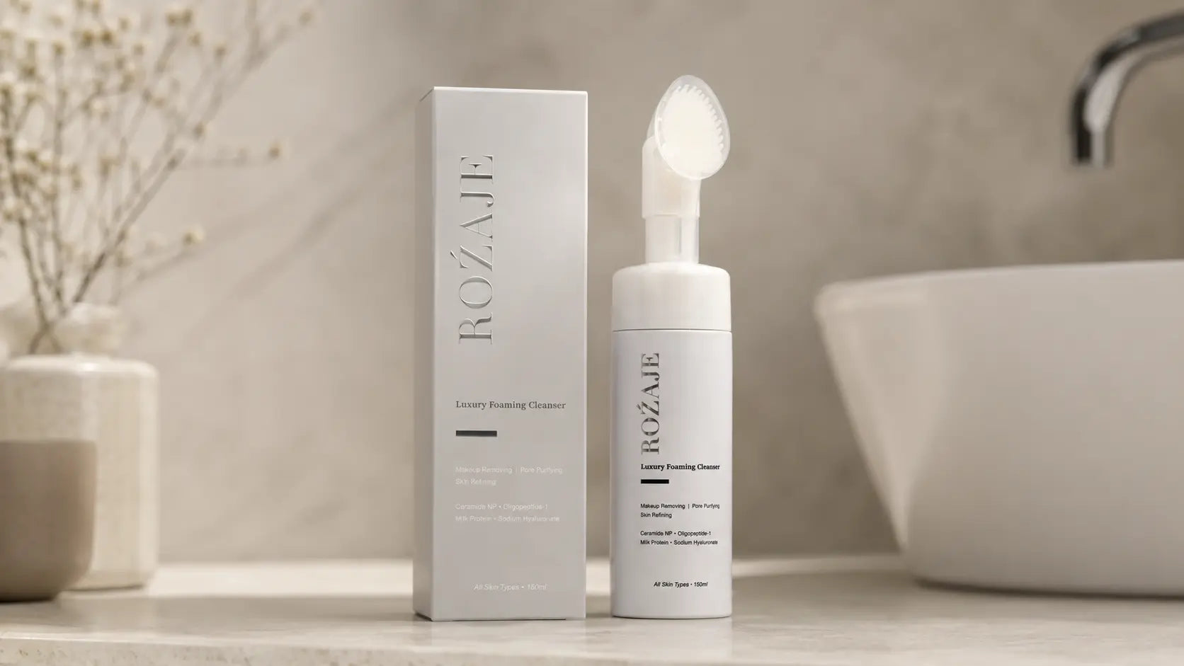 ROŹAJE cleanser in a bathroom setting